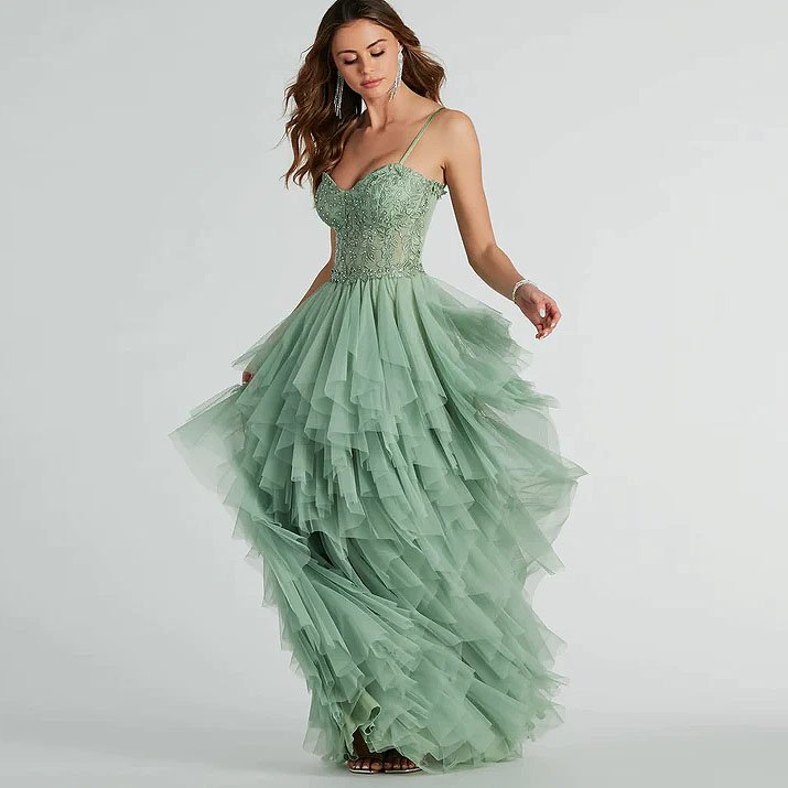 Keyla Floral Applique Tiered Ruffle Tulle Gown