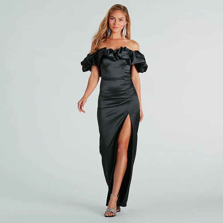 Elodie Formal Ruffled Off-The-Shoulder Satin Mermaid Dress