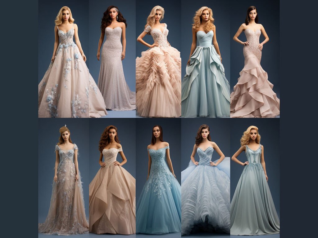 An image displaying a collage of different styles of ball gowns. This collage includes examples of A-line, princess, mermaid, empire waist, and trumpet ball gown silhouettes.
