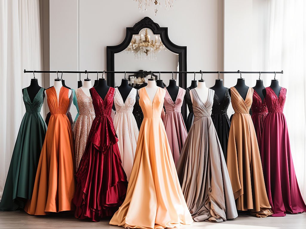 An image featuring a collage of popular formal dresses, including elegant evening gowns, chic cocktail dresses, sophisticated ball gowns, and stylish prom dresses.