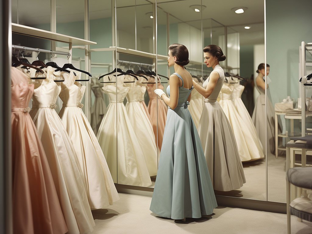 An image showing a woman trying on various ball gowns in a spacious dressing room with mirrors.