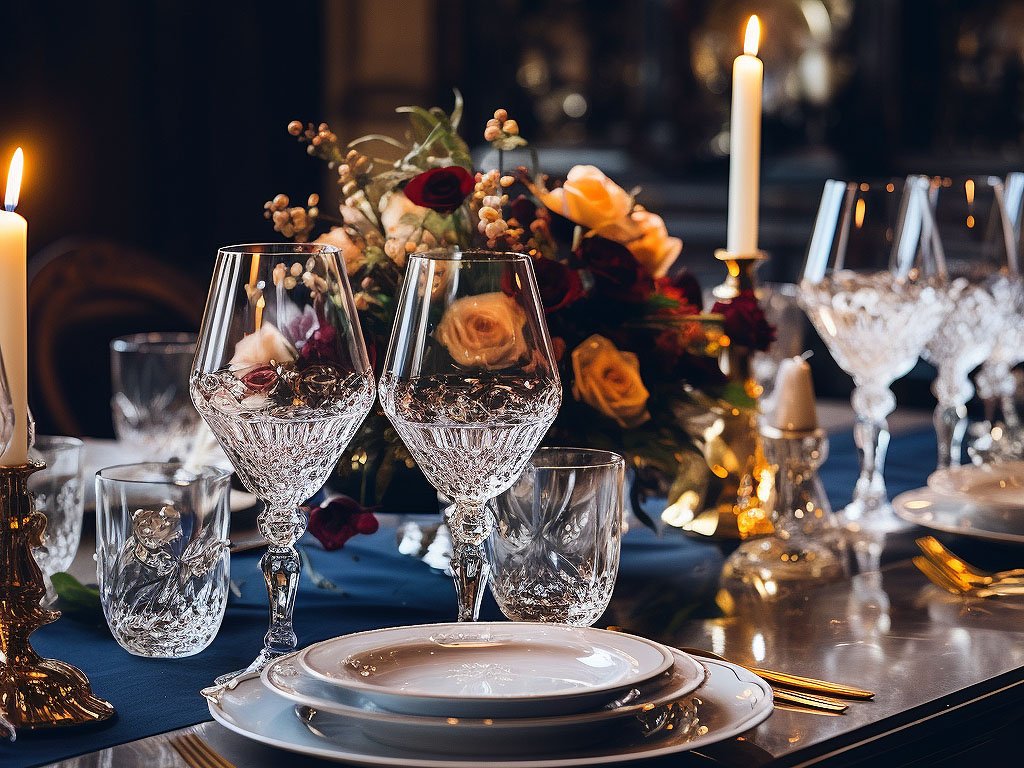A beautifully set dining table adorned with fine china, sparkling glassware, and elegant table decorations would be suitable to accompany the text "Dinner Parties."