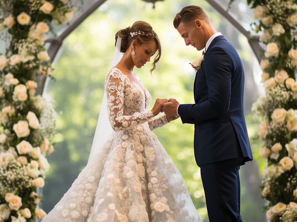 The image depicts a beautiful bride and groom exchanging vows in a romantic outdoor setting, surrounded by lush greenery and blooming flowers.