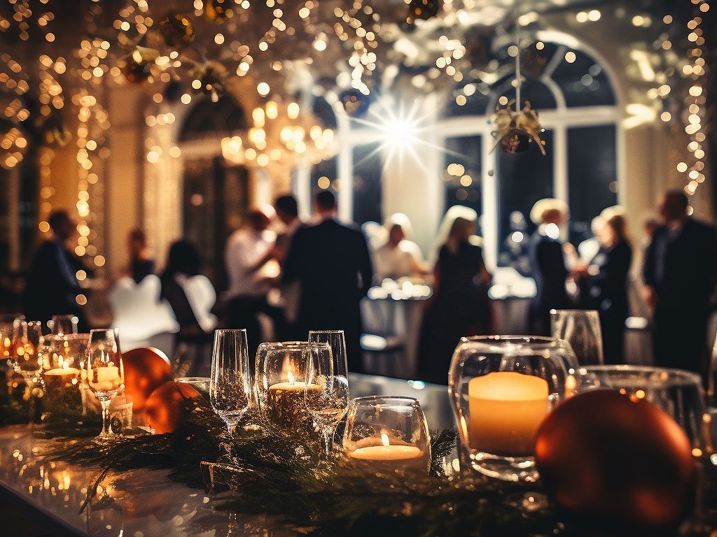 The image depicts a glamorous holiday party or New Year's Eve gala set in a luxurious venue adorned with festive decorations.