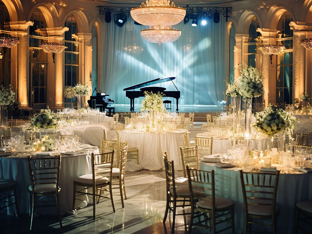 The image depicts a luxurious ballroom adorned with shimmering chandeliers, elegant draperies, and opulent decorations, setting the stage for a sophisticated formal ball or gala.