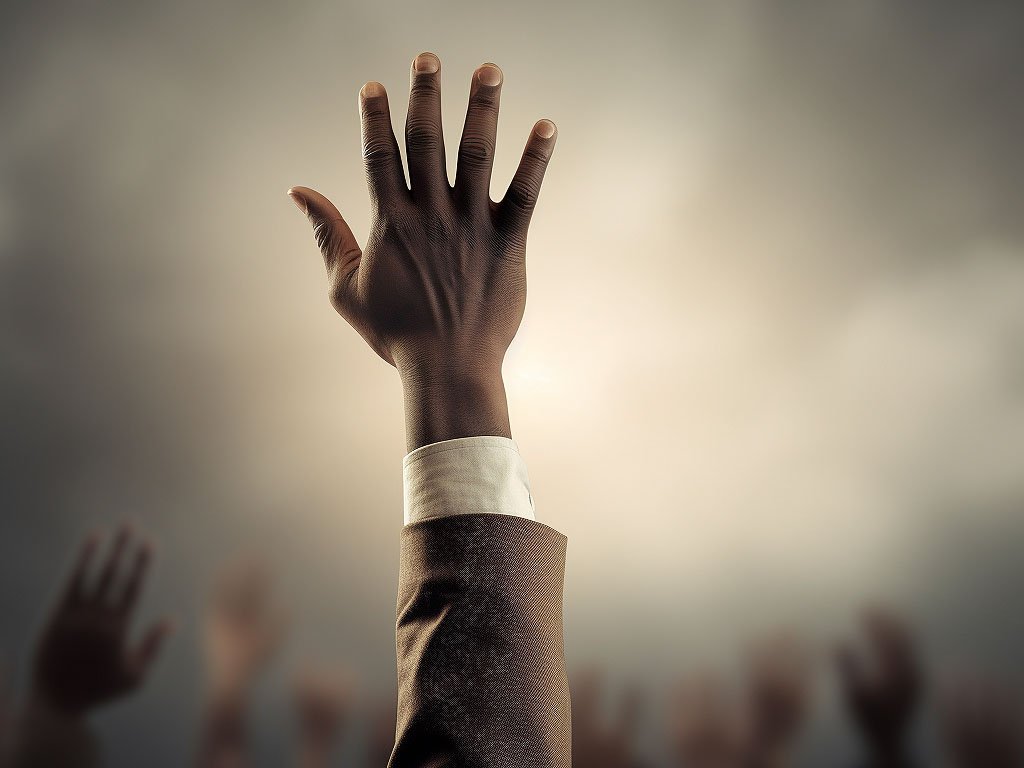 The image depicts a person raising their hand in a gesture of self-nomination or volunteering for a task or role.