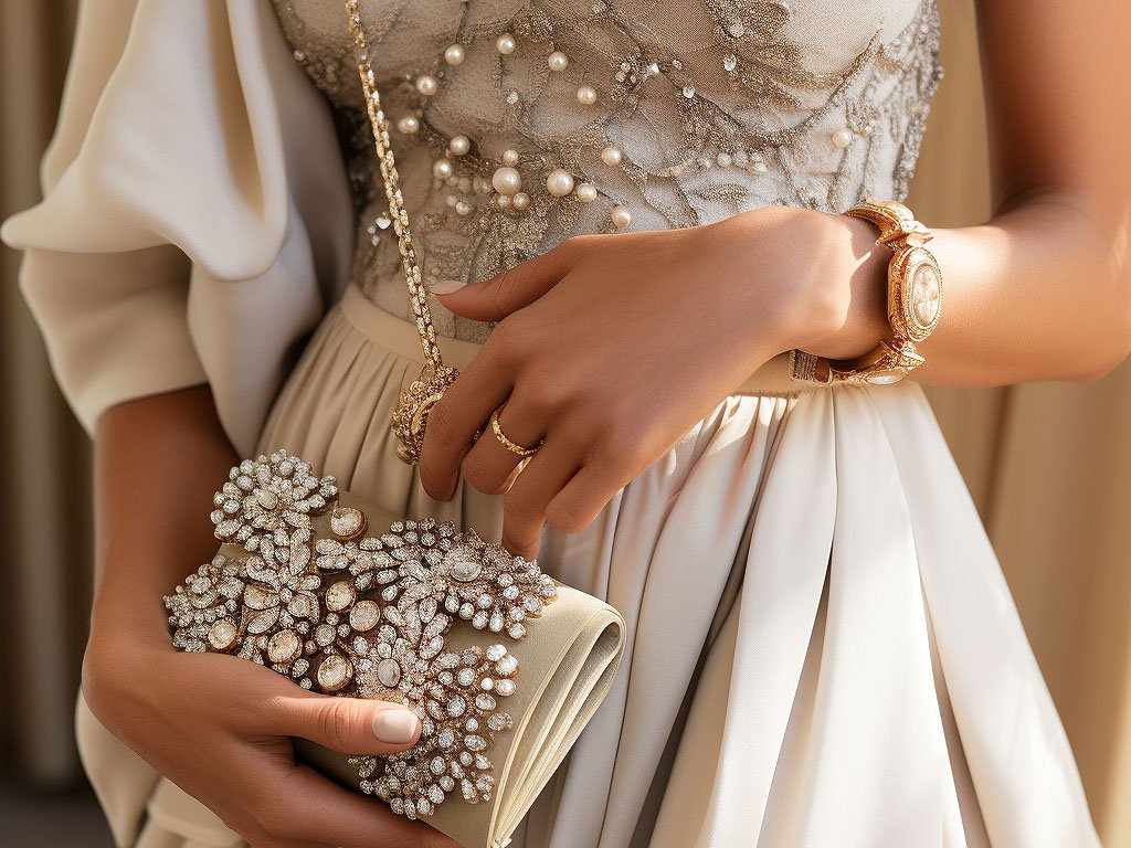 The image features a close-up shot of a woman's hands holding various accessories that complement a ball gown.