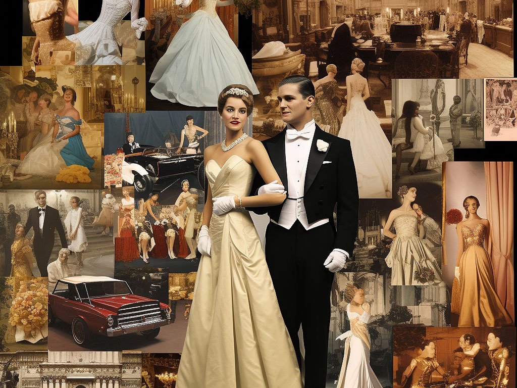 The image features a collage showcasing various application areas where formal dresses are commonly worn.