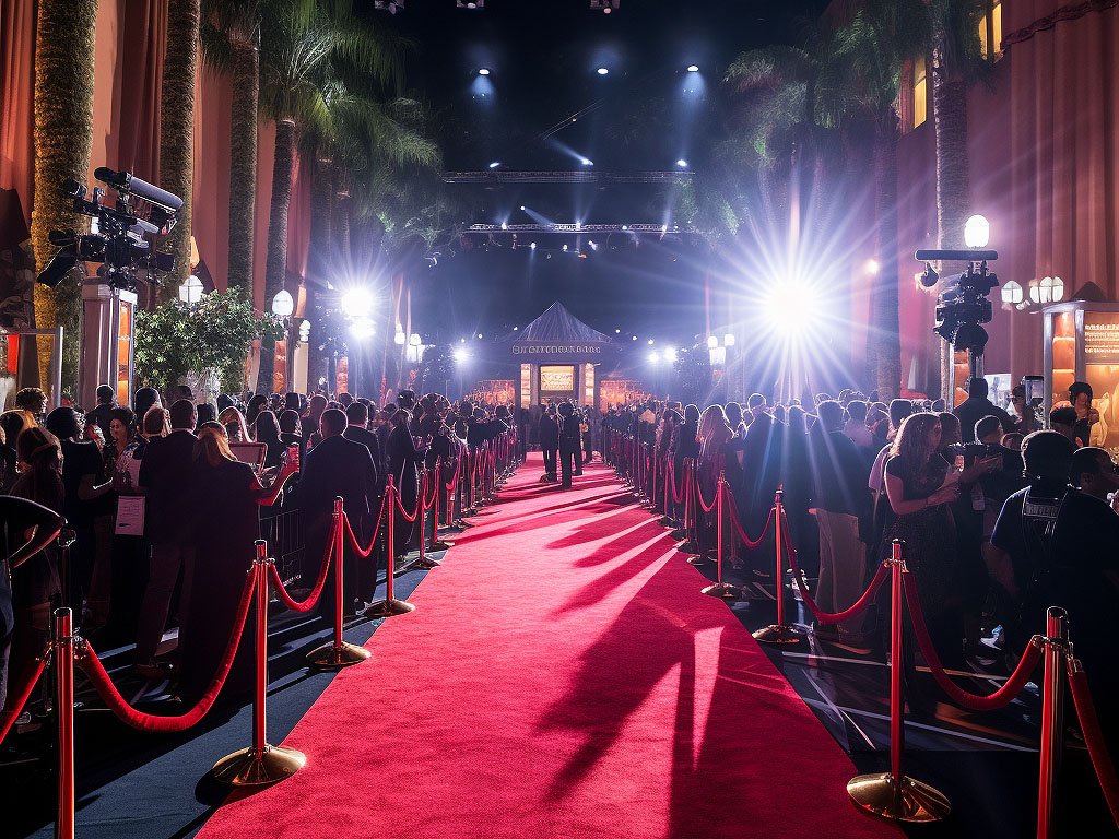 The image features a glamorous red carpet event adorned with dazzling lights, velvet ropes, and a backdrop of sponsor logos and event banners