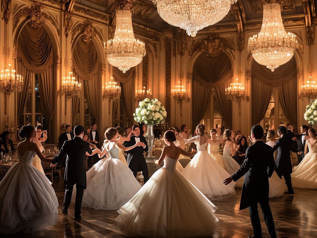 The image features a grand ballroom adorned with sparkling chandeliers, ornate decor, and elegant floral arrangements, setting the scene for a sophisticated debutante ball.