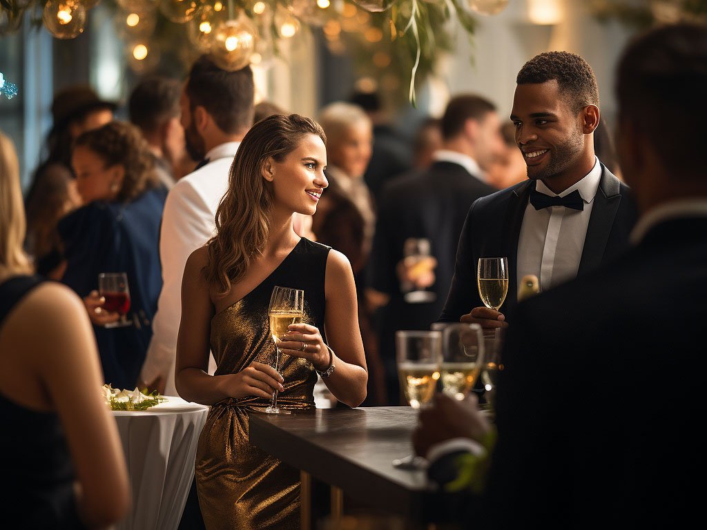 The image portrays a chic cocktail party setting, characterized by stylish decor, ambient lighting, and a vibrant atmosphere.