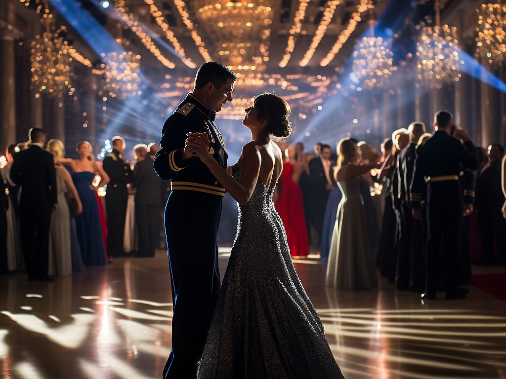 The image showcases a grand military ball, set against the backdrop of a majestic ballroom adorned with patriotic decorations.