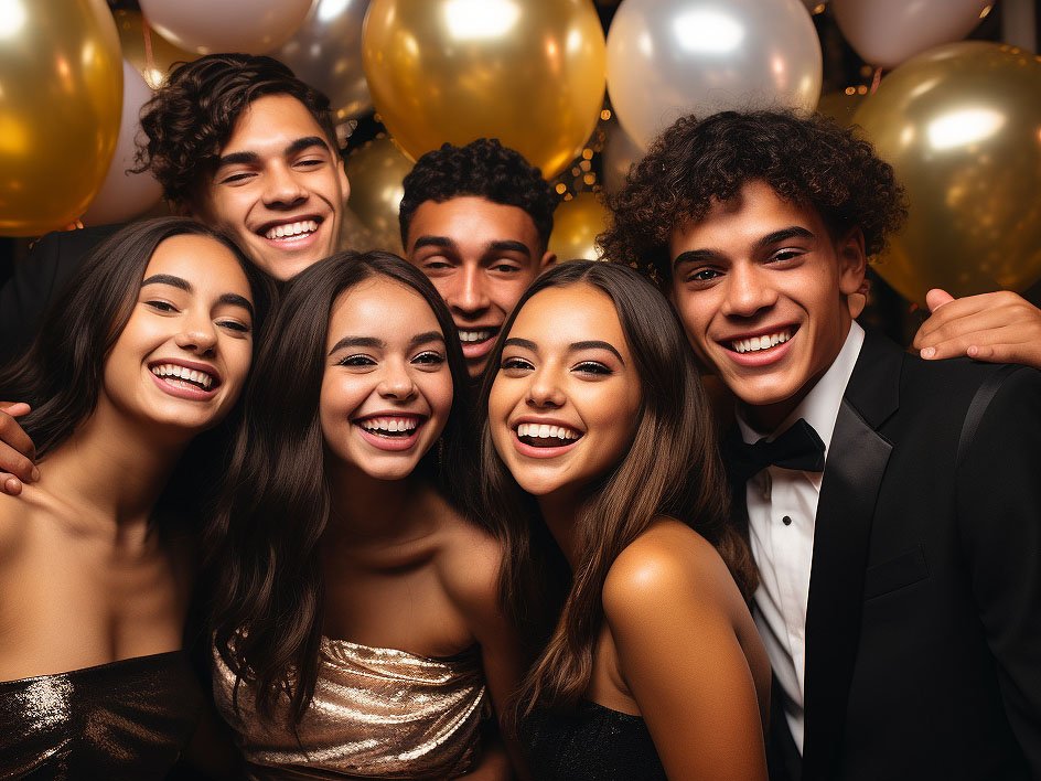 The image showcases a group of high school students dressed in their glamorous prom attire, posing for a photo together against a backdrop of twinkling lights and decorative balloons