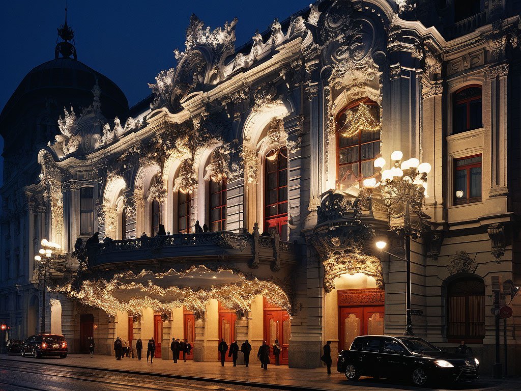 The image showcases a majestic theater or opera house, with its ornate architecture, intricate details, and grandiose façade exuding a sense of history and cultural significance.