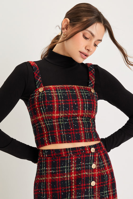 Adorably Posh Navy Blue and Red Plaid Tweed Top