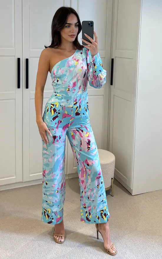 Blue Abstract Print One Shoulder Jumpsuit