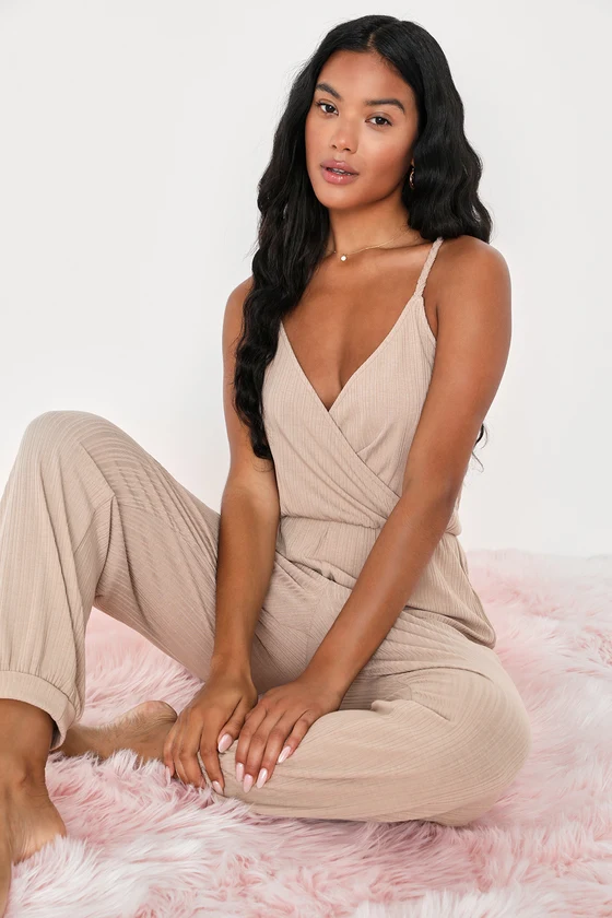 In My World Taupe Ribbed Surplice Sleeveless Lounge Jumpsuit