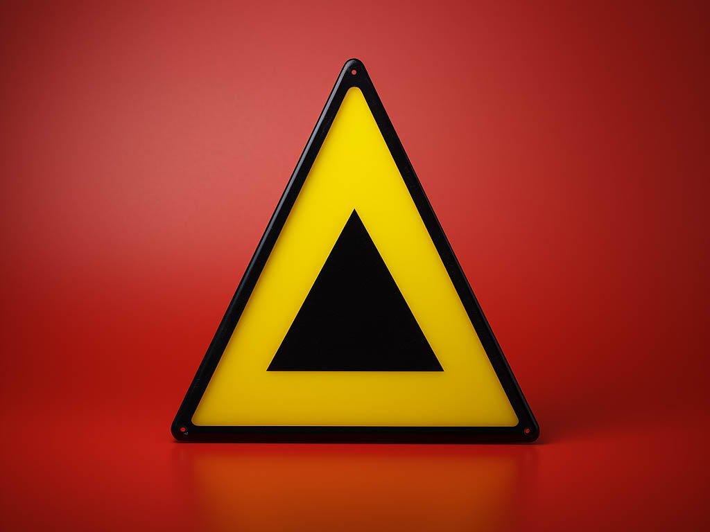 A caution sign featuring a triangular yellow symbol with a black exclamation mark inside, placed prominently against a red background.