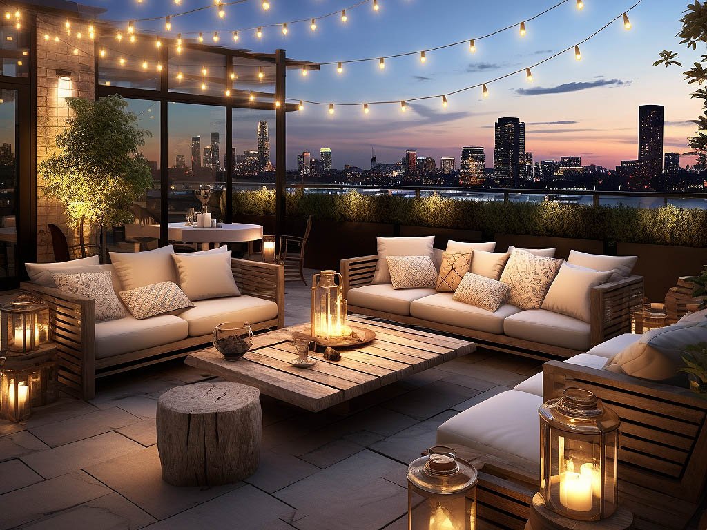 A chic rooftop terrace overlooking a city skyline, adorned with cozy lounge furniture, twinkling string lights, and stylishly dressed guests enjoying cocktails and socializing, creating an ambiance of sophistication and glamour for an evening party.