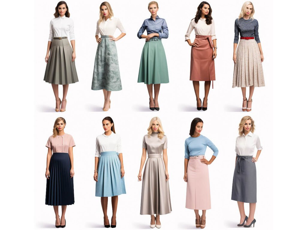 A collage of various skirt styles, showcasing the diverse range of choices available to suit different preferences and occasions