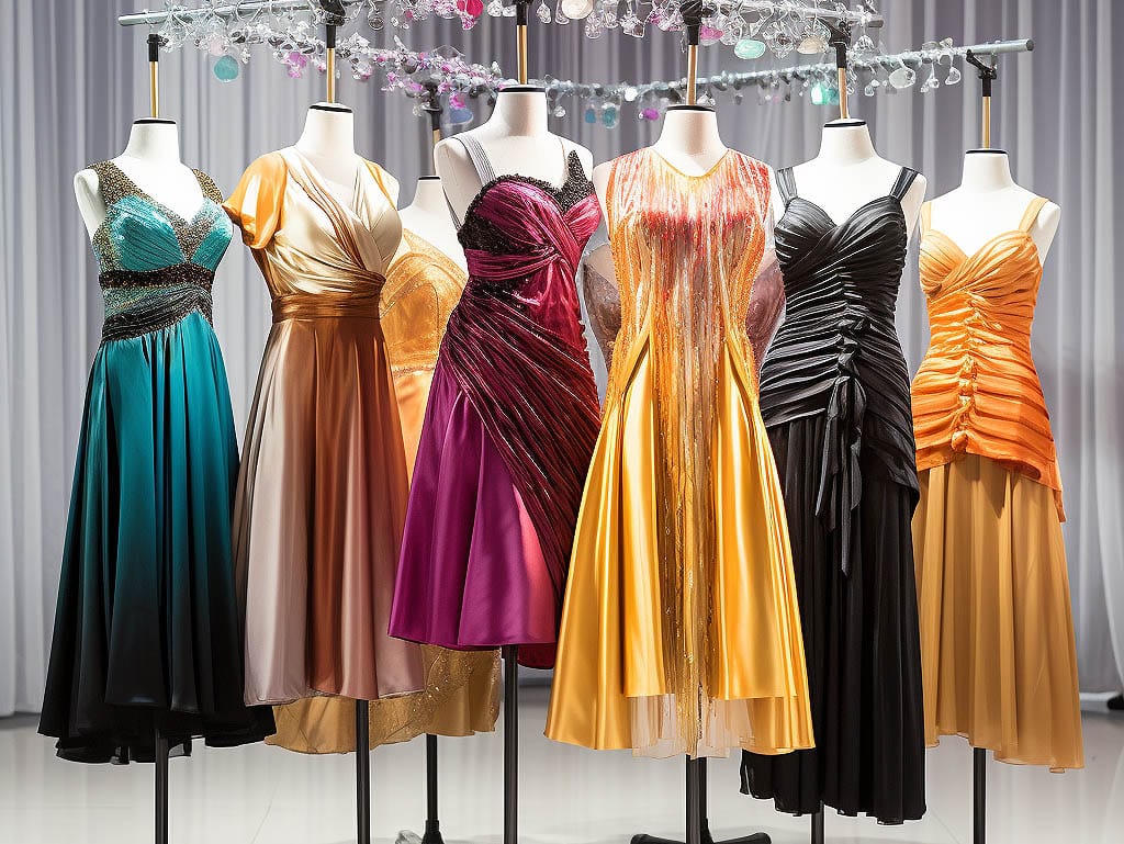 A collection of party dresses displayed on mannequins or hangers, showcasing various styles, colors, and designs.