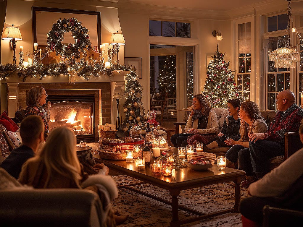 A cozy and festive holiday gathering scene, featuring a beautifully decorated living room adorned with twinkling lights, garlands, and ornaments.