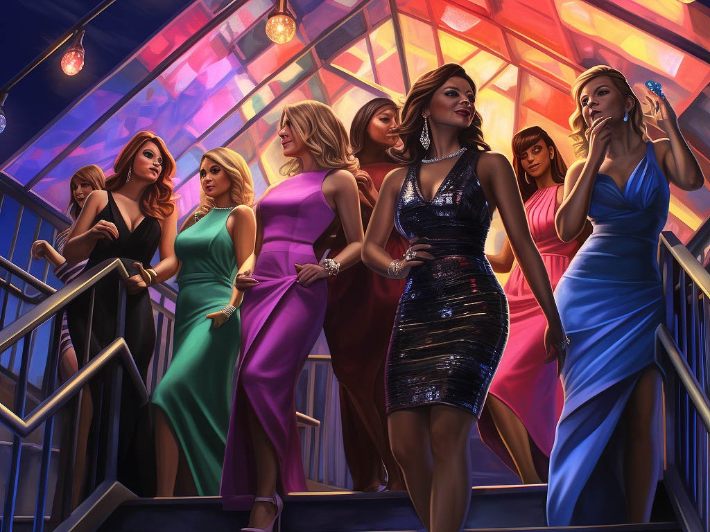 A glamorous scene showcasing individuals wearing bodycon dresses in various colors and styles, set against a backdrop of a vibrant nightclub or a chic party venue.