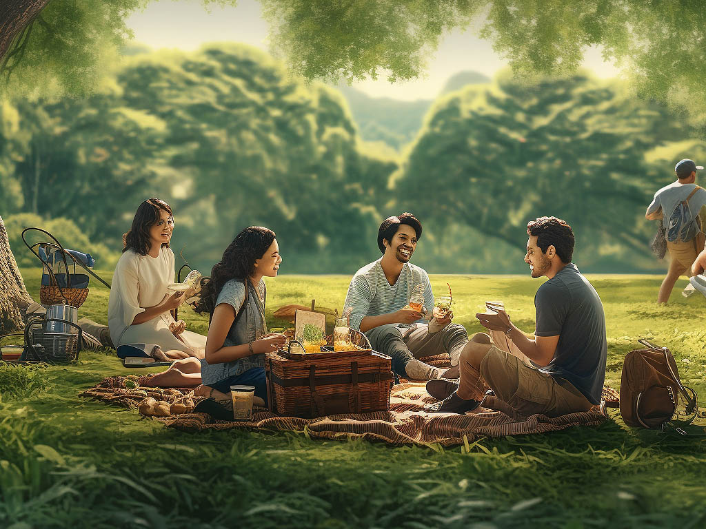 A group of friends enjoying a leisurely picnic in a lush green park, surrounded by trees and nature, with blankets spread out on the grass and a spread of delicious snacks and beverages, portraying the relaxed and carefree atmosphere of a casual outing.