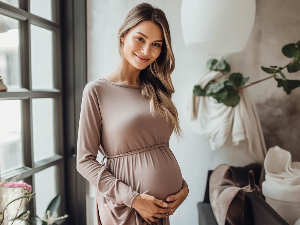 A happy pregnant woman wearing comfortable and stylish maternity clothing, showcasing outfits designed specifically to accommodate her growing belly while maintaining fashion-forward aesthetics, emphasizing comfort and style for expecting mothers.