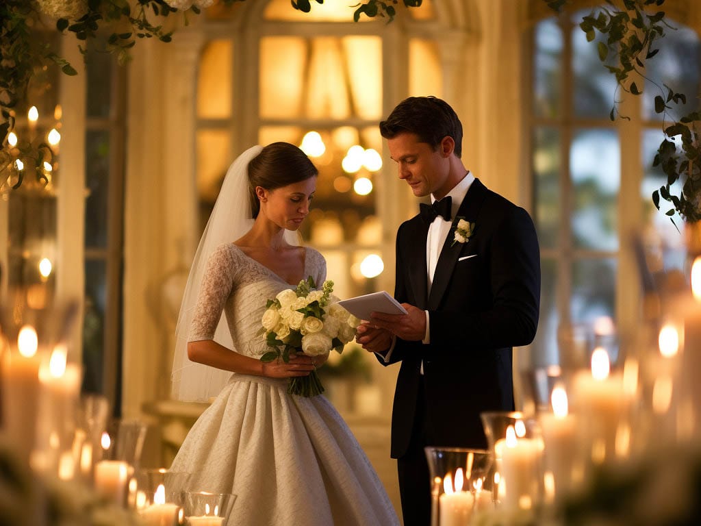 A picturesque scene of a wedding ceremony, featuring a bride and groom exchanging vows in a beautifully decorated venue.