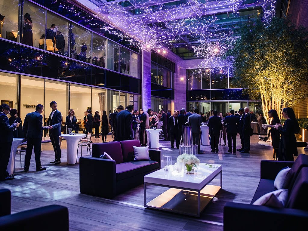 A professional and elegant setting showcasing a corporate event. The venue is tastefully decorated with modern furniture, subtle lighting, and branded signage, reflecting the company's corporate identity.