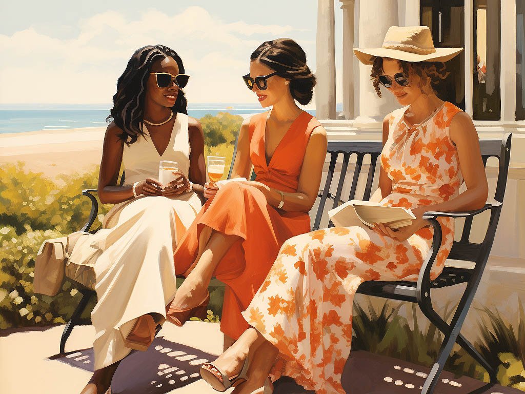 A relaxed scene featuring women wearing casual dresses in a casual setting, such as a picnic in the park, a coffee date, or a stroll along the beach.