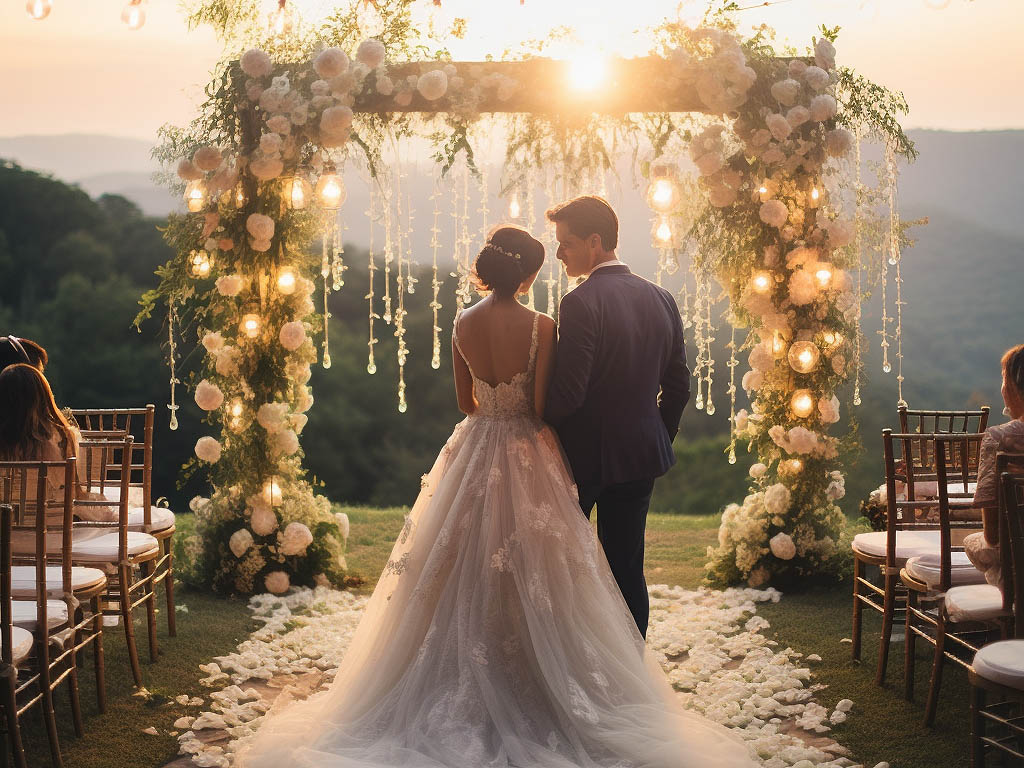 A romantic outdoor wedding ceremony with a picturesque landscape in the background, adorned with elegant floral decorations and soft, glowing string lights