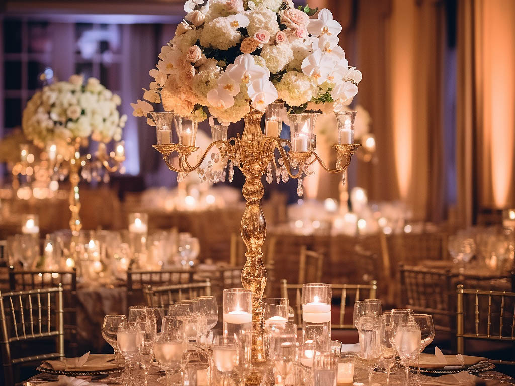 A sophisticated ballroom adorned with crystal chandeliers, grand floral centerpieces, and elegant table settings, set for a luxurious formal event such as a gala or black-tie affair.