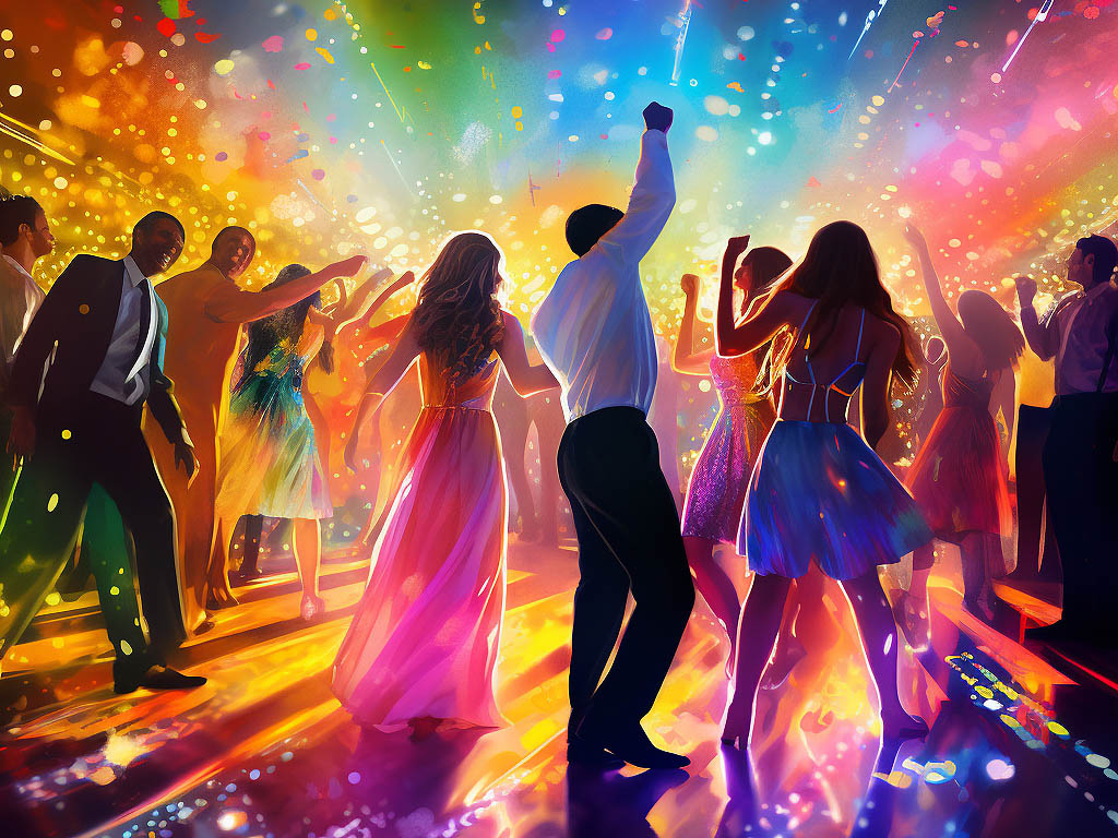 A vibrant and energetic dance floor filled with stylishly dressed teenagers, dancing under colorful disco lights and a glittering mirror ball, capturing the excitement and fun of a prom or school dance.