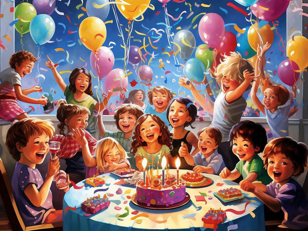 A vibrant and lively scene depicting a birthday party celebration.