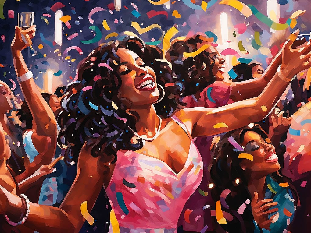 A vibrant and lively scene depicting a party atmosphere. The image features a group of people dressed in stylish and colorful party dresses, mingling and dancing at a celebratory event.