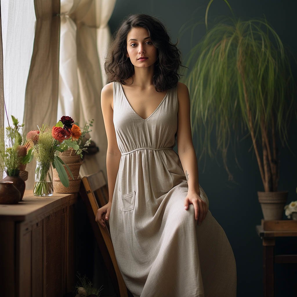A woman wears a slip dress made of Linen fabric