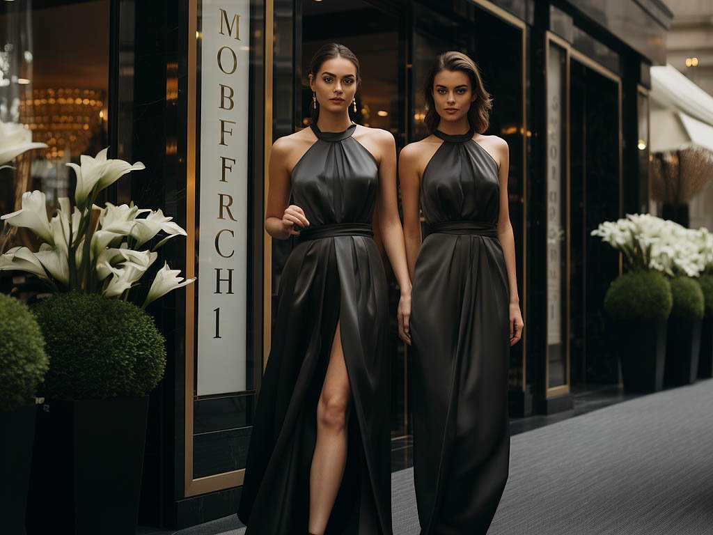 An elegant image showcasing women adorned in semi-formal dresses, set against the backdrop of a stylish event venue or a refined urban setting.