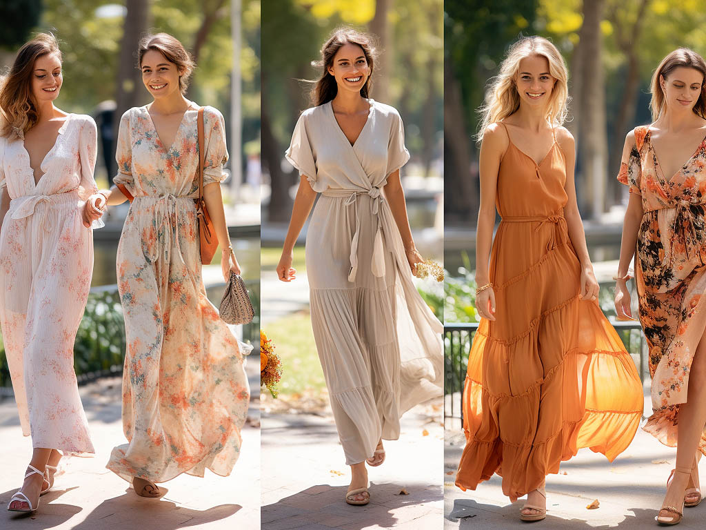 An engaging collage displaying long dresses from Modaknits Apparel being worn during casual outings.