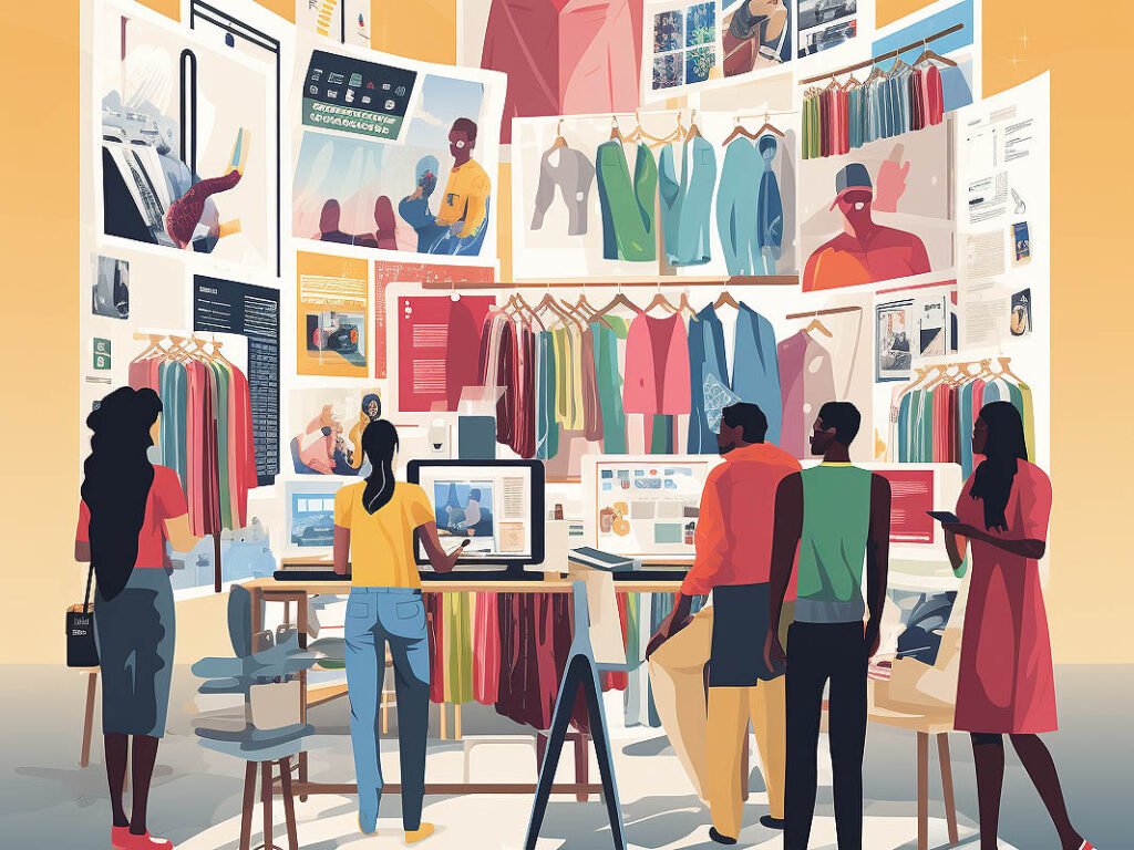 An illustration depicting a bustling marketplace scene, with multiple vendors showcasing their women's tops collections on vibrant display racks.