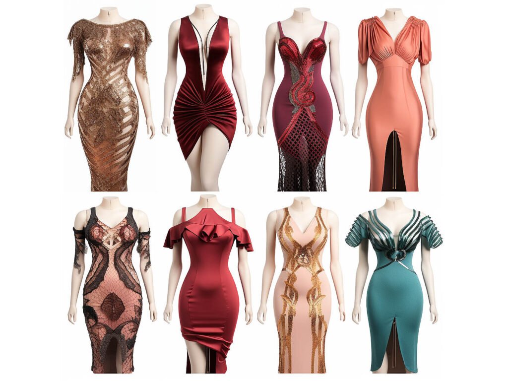 An image showcasing a collage of different types of club dresses. The collage includes images of bodycon dresses, mini dresses, slip dresses, sequin dresses, and off-the-shoulder dresses.