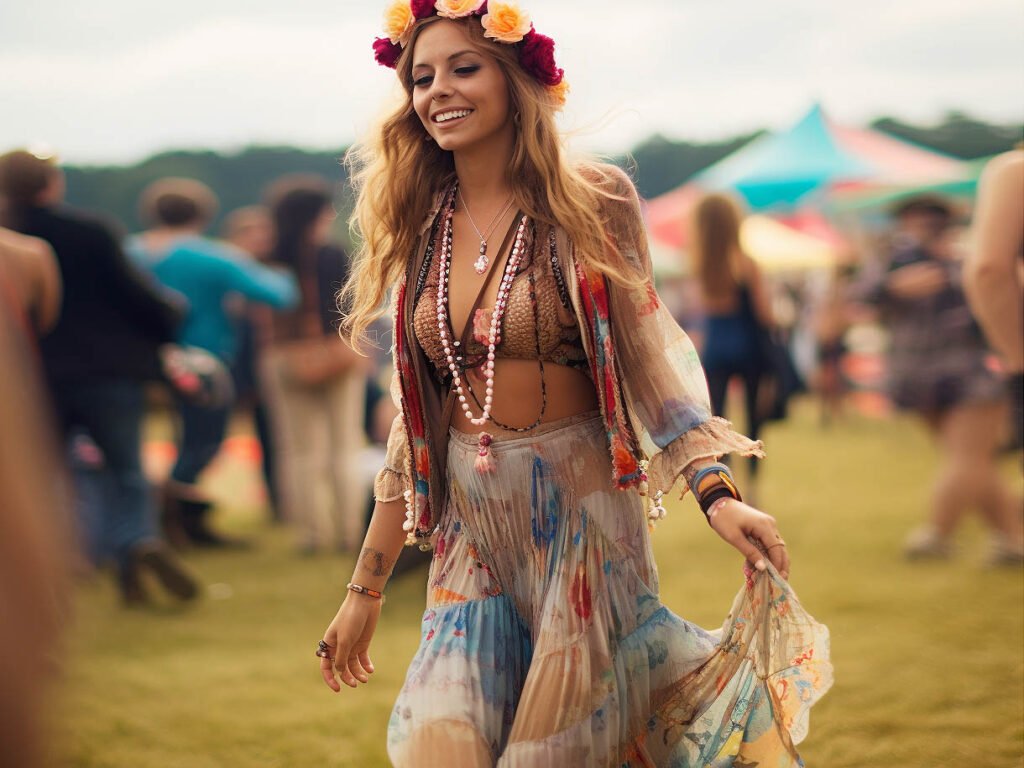 For a section titled "Festivals or Concerts," focusing on maxi dresses suitable for lively music events and outdoor festivals, the imagery should capture the energetic, vibrant, and sometimes bohemian spirit of such gatherings.