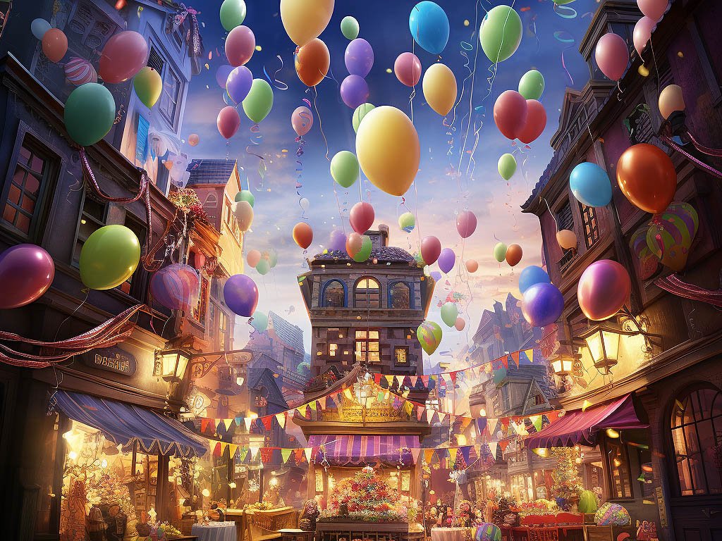 The image could depict a birthday celebration scene, featuring a decorated party venue with colorful balloons, banners, and confetti.