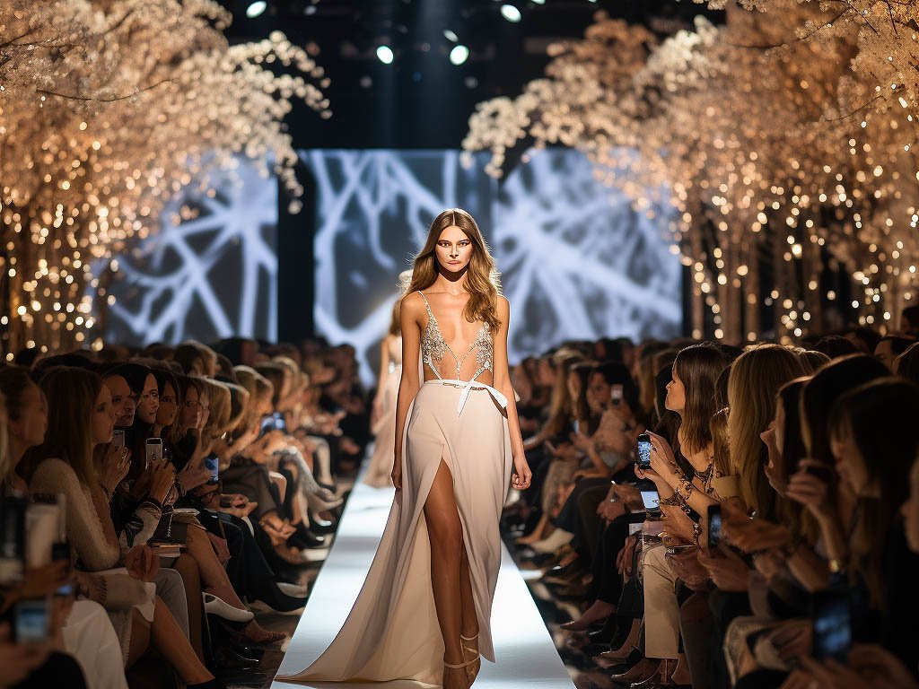 The image could depict a glamorous fashion event, such as a runway show or a high-profile fashion gala.