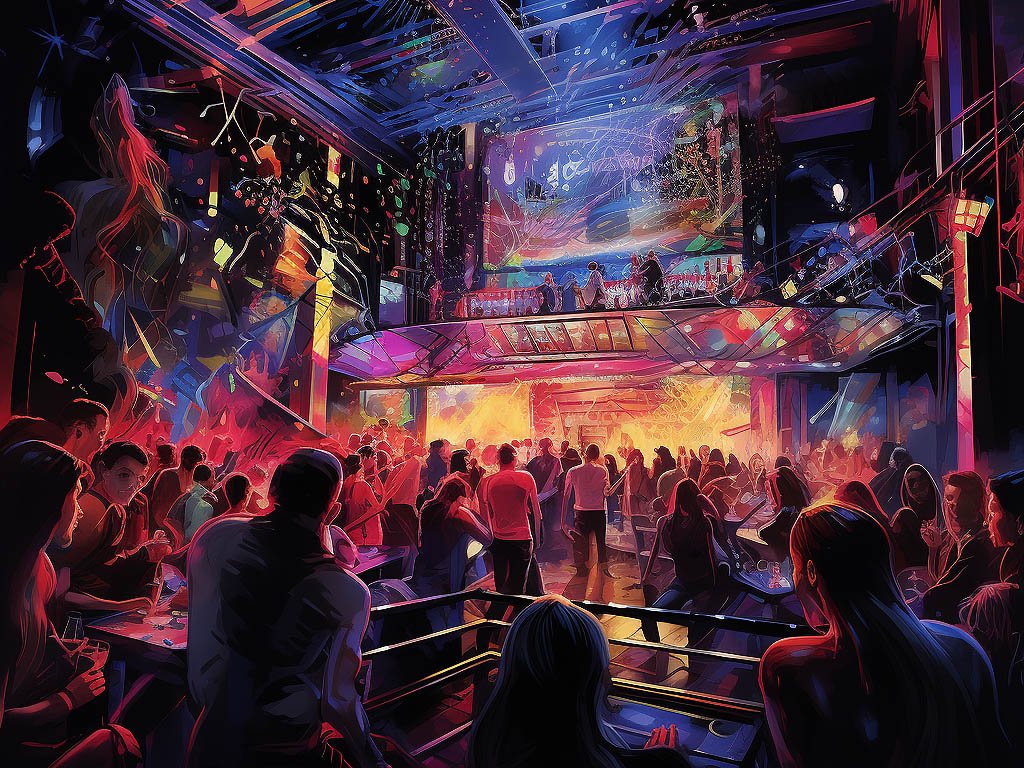 The image could depict a vibrant and energetic nightclub scene, with people dancing, colorful lights flashing, and music playing.