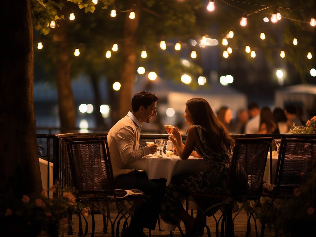 The image could feature a romantic setting for a date night, such as a cozy candlelit dinner at a restaurant with dim lighting and elegant table settings.