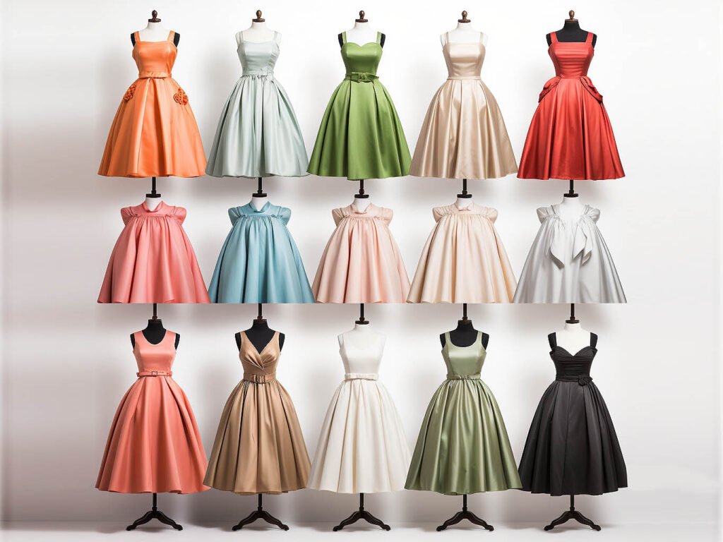The image could feature a selection of classic A-line dresses in various colors and patterns.