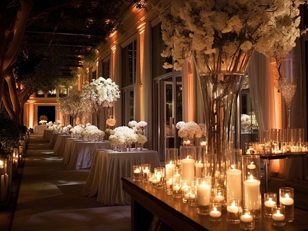 The image could feature an elegant cocktail party setting, such as a stylish venue with dim lighting, cocktail tables adorned with floral arrangements and candles, and guests dressed in sophisticated cocktail attire.