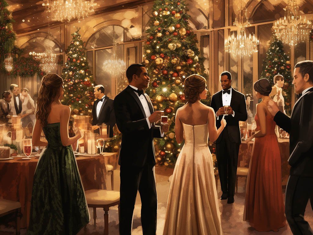 The image could showcase a festive holiday party scene, with people dressed in elegant attire mingling and enjoying themselves.